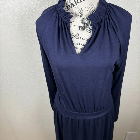 Boden Jersey Knit Long Sleeve Navy Blue Maxi Long Dress Ruffle Neck Sz 8 - Picture 2 of 11